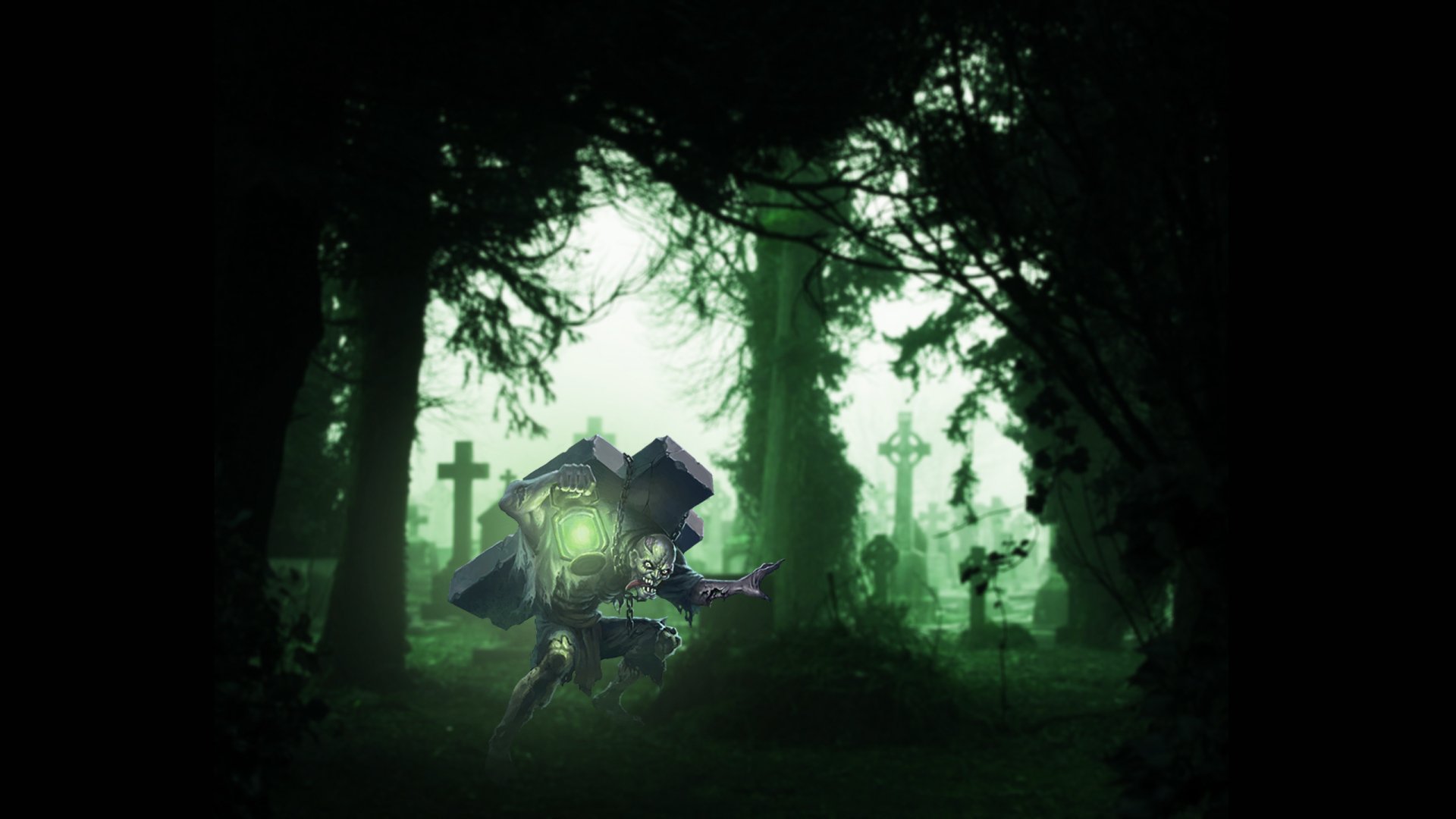 Dark cemetery scene with a mysterious glowing robotic figure among dense trees, designed as a high-definition PC desktop wallpaper and background.