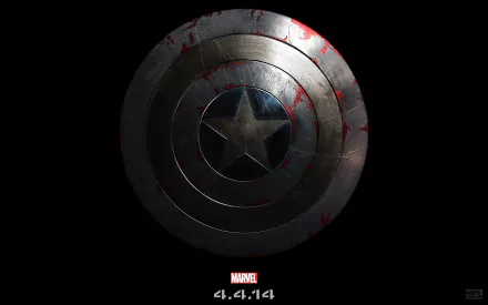 A HD PC desktop wallpaper featuring Captain America's iconic shield, marked with scratches and blood, promoting the movie Captain America: The Winter Soldier with a release date of 4.4.14.