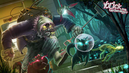 HD PC desktop wallpaper featuring Yorick from League of Legends, depicted with glowing eyes and accompanied by mystical creatures in a dark, eerie forest setting.