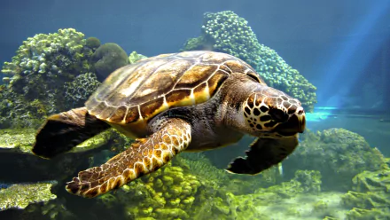 A serene underwater scene featuring a sea turtle gliding through crystal-clear waters, surrounded by vibrant coral formations. This HD image serves as an engaging desktop wallpaper.