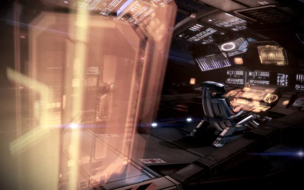 HD PC desktop wallpaper featuring the Normandy SR-2 cockpit from the Mass Effect video game series, showcasing detailed control panels and a futuristic pilot seat.
