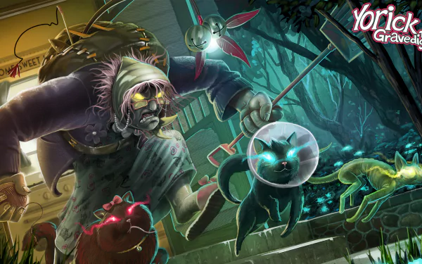 HD PC desktop wallpaper featuring Yorick from League of Legends, depicted with glowing eyes and accompanied by mystical creatures in a dark, eerie forest setting.