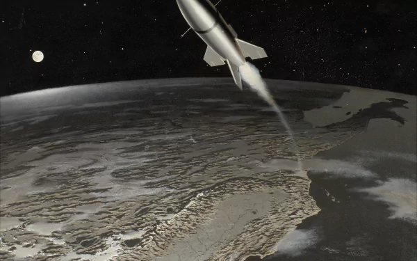 A high-definition desktop wallpaper featuring a sci-fi rocket ascending from Earth against a starry space background.