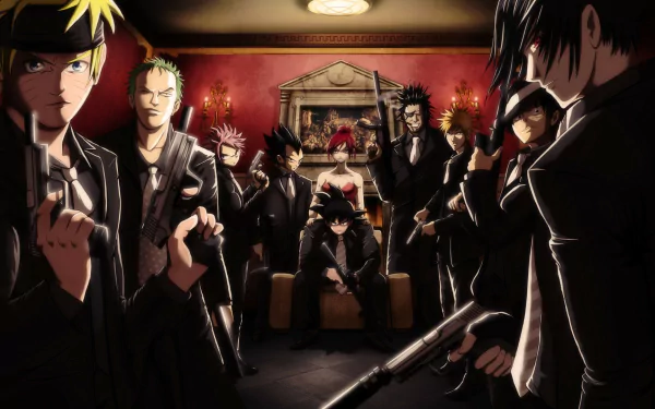 HD desktop wallpaper featuring an anime crossover with characters including Goku, Sasuke Uchiha, Luffy, Ichigo, Kenpachi, Erza, Vegeta, Natsu, Zoro, and Naruto in a formal room, all holding weapons.