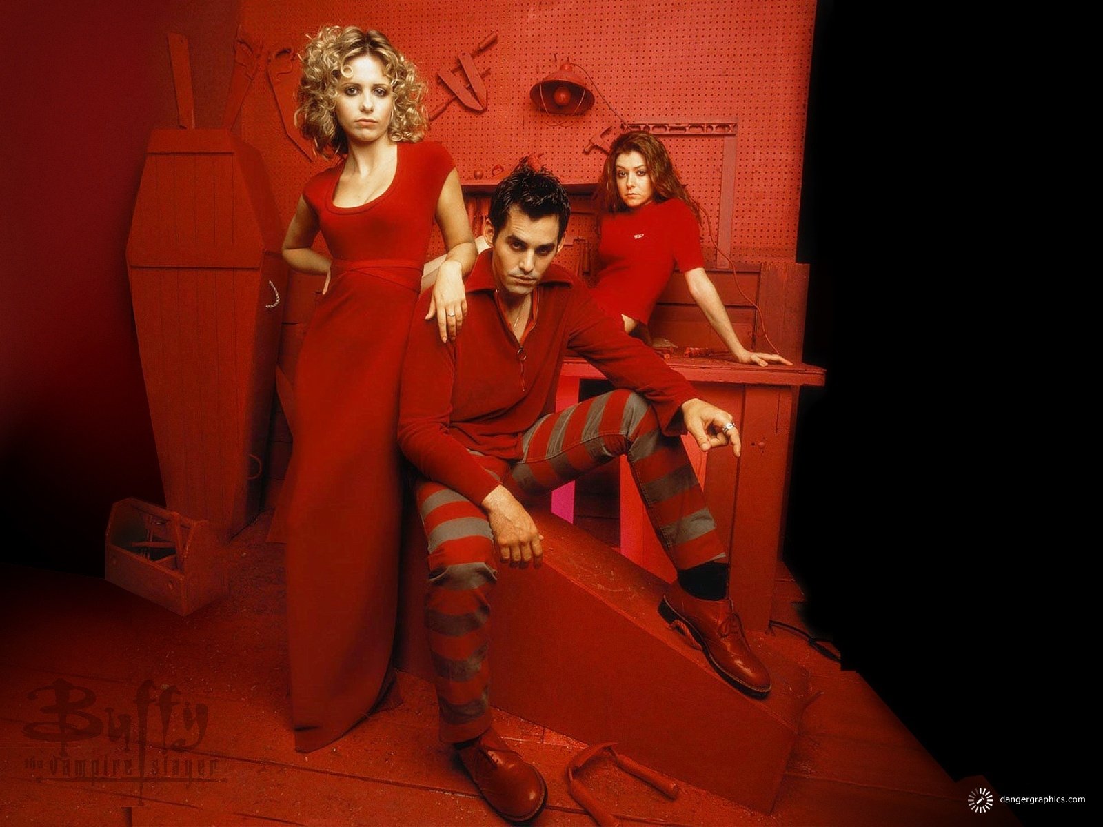 HD PC desktop wallpaper featuring three characters from the TV show Buffy the Vampire Slayer, dressed in red against a vibrant red background.