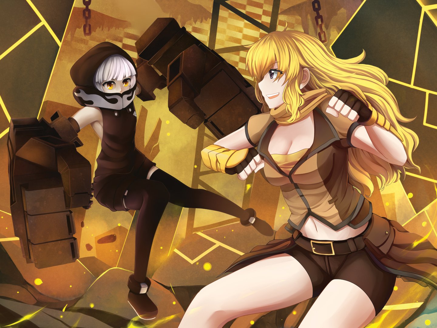 HD PC desktop wallpaper featuring a dynamic anime crossover with Yang Xiao Long from RWBY and Yuu Koutari from Black Rock Shooter in an action-packed scene.