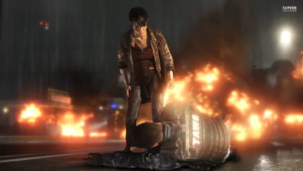 HD PC desktop wallpaper featuring a dramatic scene from the video game Beyond: Two Souls, showing a character standing over a fallen armored figure amid fiery chaos.