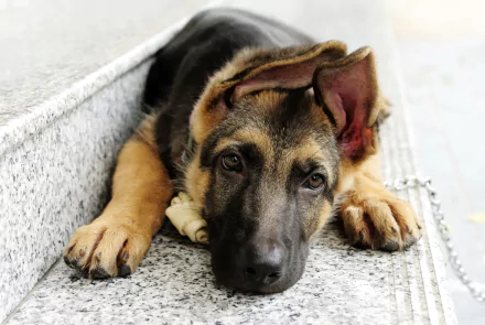 HD desktop wallpaper featuring a young German Shepherd lying on steps, looking directly at the camera with attentive eyes.