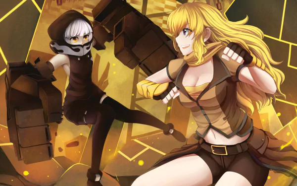 HD PC desktop wallpaper featuring a dynamic anime crossover with Yang Xiao Long from RWBY and Yuu Koutari from Black Rock Shooter in an action-packed scene.