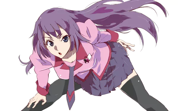 A dynamic 4K Ultra HD wallpaper featuring Hitagi Senjōgahara from the Monogatari series, showcasing her striking pose and distinctive purple hair in vivid detail.