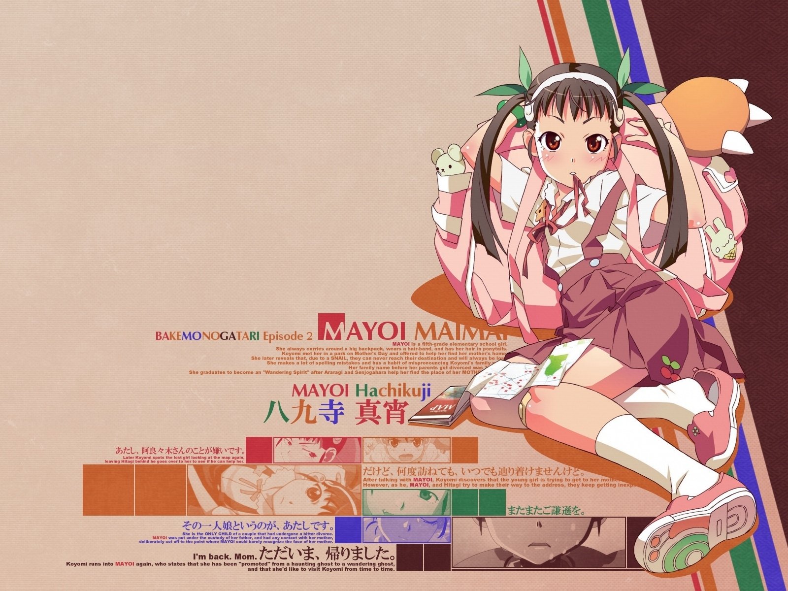 HD PC desktop wallpaper featuring Mayoi Hachikuji from the Monogatari anime series in a colorful, stylized design with text elements integrated into the background.