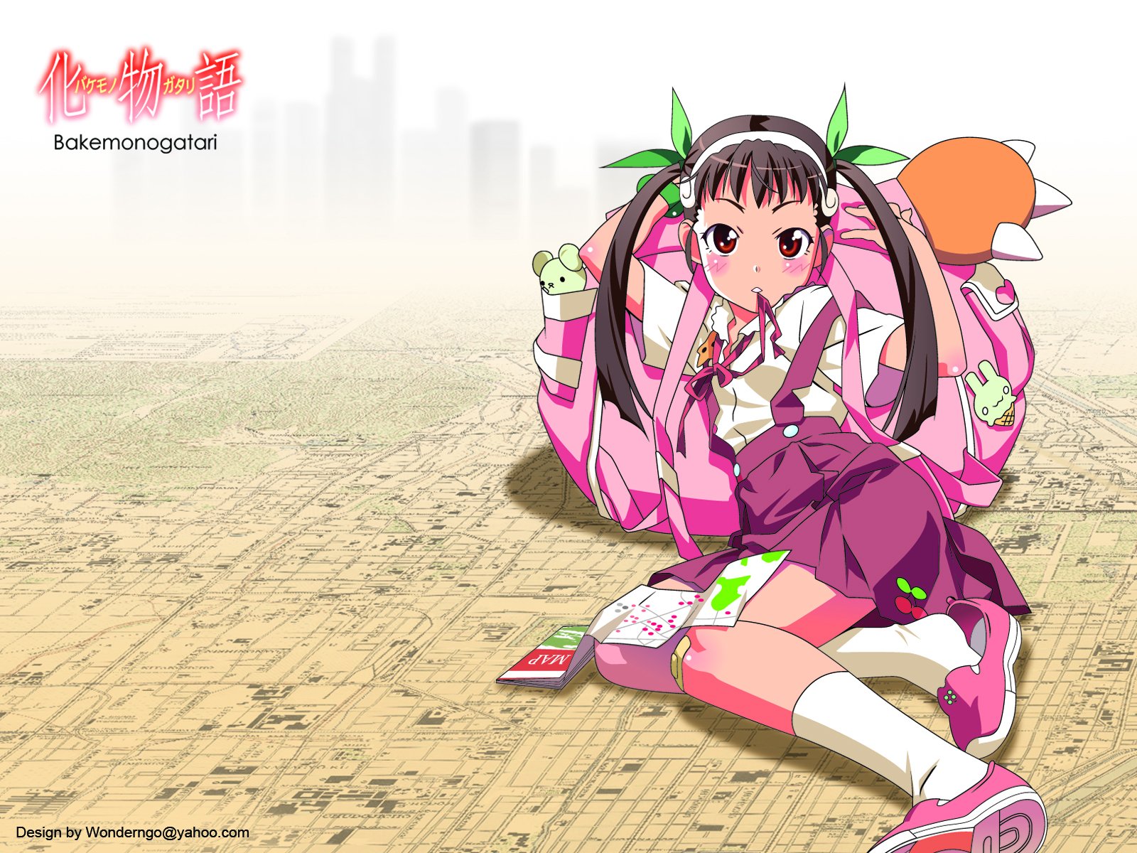 HD PC desktop wallpaper of Mayoi Hachikuji (Monogatari series): anime girl in pink school uniform with large backpack sitting on a map-like background.