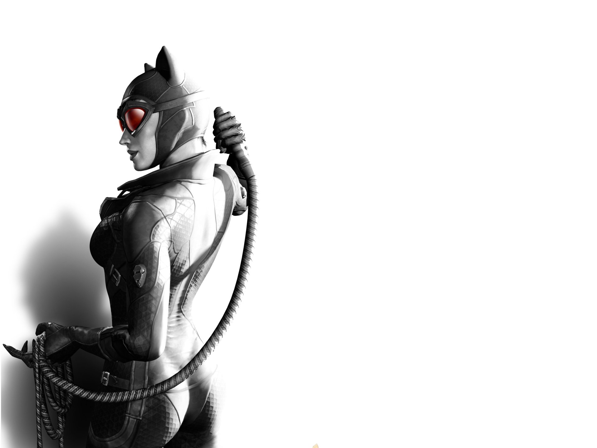 Catwoman from Batman: Arkham City in a sleek catsuit and red goggles, holding her whip in profile — 5K Ultra HD PC desktop wallpaper, video game artwork.