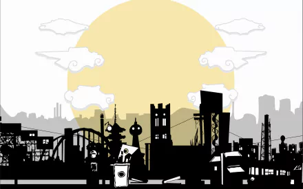 HD PC desktop wallpaper featuring a stylized black silhouette cityscape with traditional and modern architecture against a pale yellow sun, inspired by the Monogatari anime series.