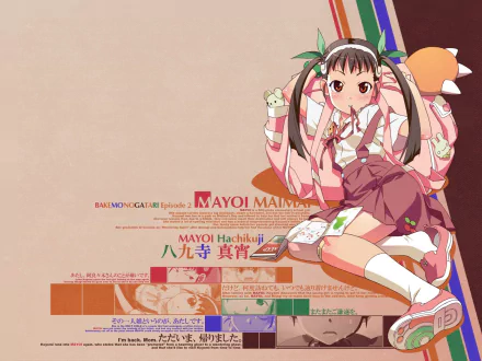 HD PC desktop wallpaper featuring Mayoi Hachikuji from the Monogatari anime series in a colorful, stylized design with text elements integrated into the background.