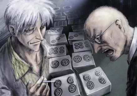 HD PC desktop wallpaper featuring intense Akagi anime characters engaged in a dramatic mahjong scene with expressive emotions and detailed artwork.