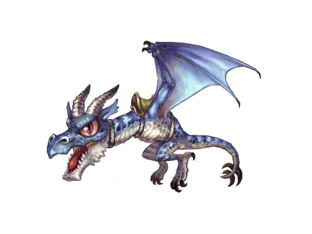 HD PC desktop wallpaper featuring a detailed fantasy wyvern dragon with blue scales, sharp horns, and outstretched wings against a white background.