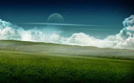 HD desktop wallpaper of a dreamy world featuring a grassy hill under a sky filled with clouds, a distant planet, and a glowing moon. The landscape combines elements of nature and CGI for a surreal effect.