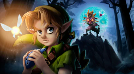 HD PC desktop wallpaper featuring Link holding an ocarina with Majora's Mask looming in the background, inspired by the video game The Legend of Zelda: Majora's Mask.