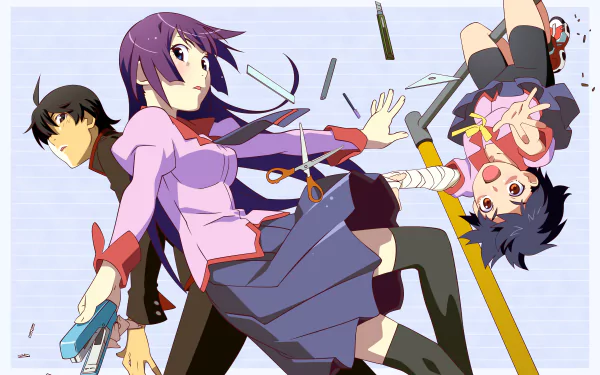 black hair Suruga Kanbaru Koyomi Araragi Hitagi Senjōgahara Anime Monogatari (Series) HD Desktop Wallpaper | Background Image