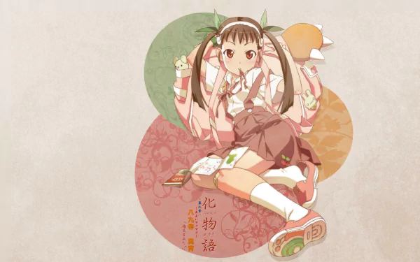 HD PC desktop wallpaper featuring Mayoi Hachikuji from the Monogatari anime series in a detailed, soft-toned illustration.