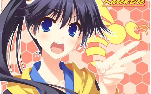 HD anime desktop wallpaper featuring Karen Araragi from the Monogatari series, showcasing her energetic expression and vibrant background with honeycomb and bee motifs.