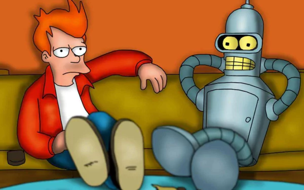 HD PC desktop wallpaper: Fry (Futurama) and Bender (Futurama) lounging on a couch from the TV show Futurama against a bright orange background.