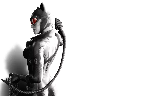 Catwoman from Batman: Arkham City in a sleek catsuit and red goggles, holding her whip in profile — 5K Ultra HD PC desktop wallpaper, video game artwork.