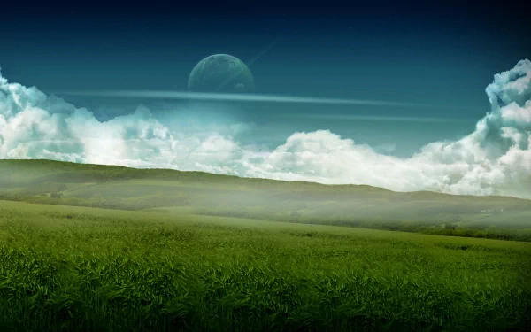 HD desktop wallpaper of a dreamy world featuring a grassy hill under a sky filled with clouds, a distant planet, and a glowing moon. The landscape combines elements of nature and CGI for a surreal effect.