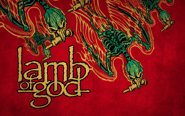 Vibrant HD desktop wallpaper featuring the band Lamb Of God, with intricate artwork of skeletons and birds against a bold red background, capturing the essence of their music.