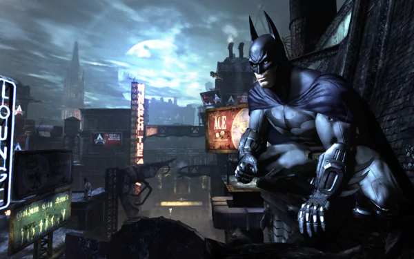 Batman from the video game Batman: Arkham City perched on a gargoyle over a neon-lit Gotham skyline — 5K Ultra HD PC desktop wallpaper/background.