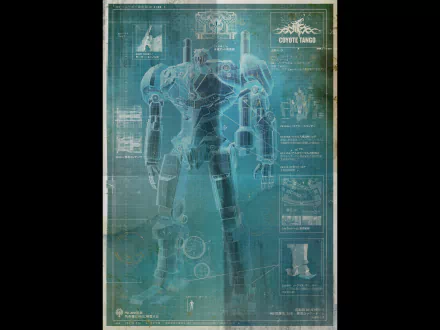 Blueprint-style 5K Ultra HD PC desktop wallpaper showing the Jaeger Coyote Tango from the movie Pacific Rim in cyan schematics with technical annotations.