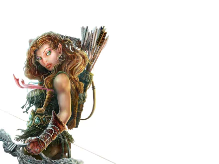 HD PC desktop wallpaper: fantasy archer woman with bow and quiver, richly detailed portrait on white background.