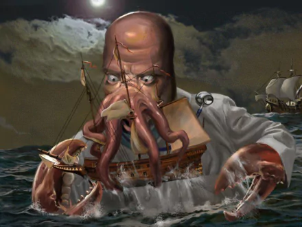 HD PC desktop wallpaper/background: TV show Futurama's Zoidberg portrayed as a towering crustacean monster looming over stormy seas and sailing ships.