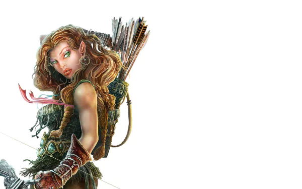 HD PC desktop wallpaper: fantasy archer woman with bow and quiver, richly detailed portrait on white background.