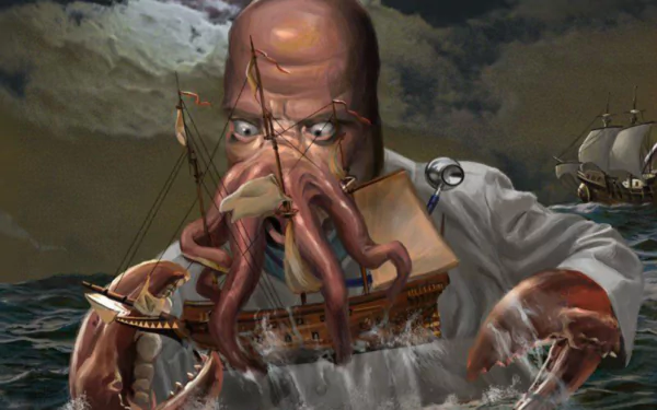 HD PC desktop wallpaper/background: TV show Futurama's Zoidberg portrayed as a towering crustacean monster looming over stormy seas and sailing ships.