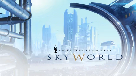 HD PC desktop wallpaper featuring futuristic cityscape with sleek towers and the Two Steps From Hell logo and SkyWorld title, blending music and sci-fi themes.