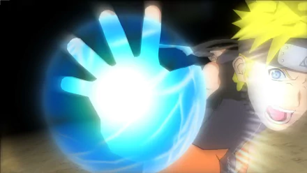 A dynamic HD wallpaper featuring Naruto Uzumaki from the anime series Naruto, showcasing him channeling energy with a glowing blue orb in hand.