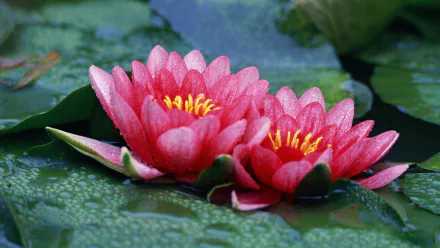 HD PC desktop wallpaper/background: nature close-up of two pink lotus flowers with dewy petals resting on green lily pads.
