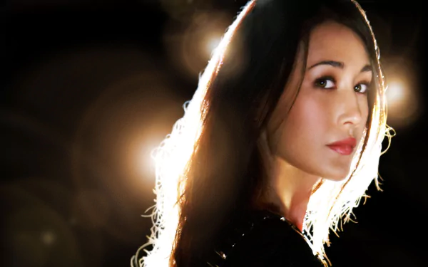 HD desktop wallpaper of Maggie Q from the TV show Nikita, featuring a dramatic, well-lit portrait with a dark backdrop and lens flare effects.