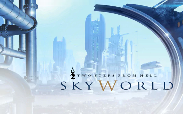HD PC desktop wallpaper featuring futuristic cityscape with sleek towers and the Two Steps From Hell logo and SkyWorld title, blending music and sci-fi themes.