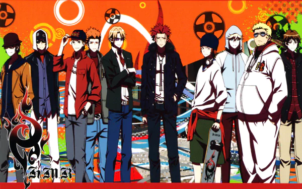 A vibrant HD wallpaper featuring characters Misaki Yata, Mikoto Suoh, Izumo Kusanagi, Rikio Kamamoto, Eric Sōlt, Masaomi Dewa, Yō Chitose, and Saburōta Bandō from the anime K Project.