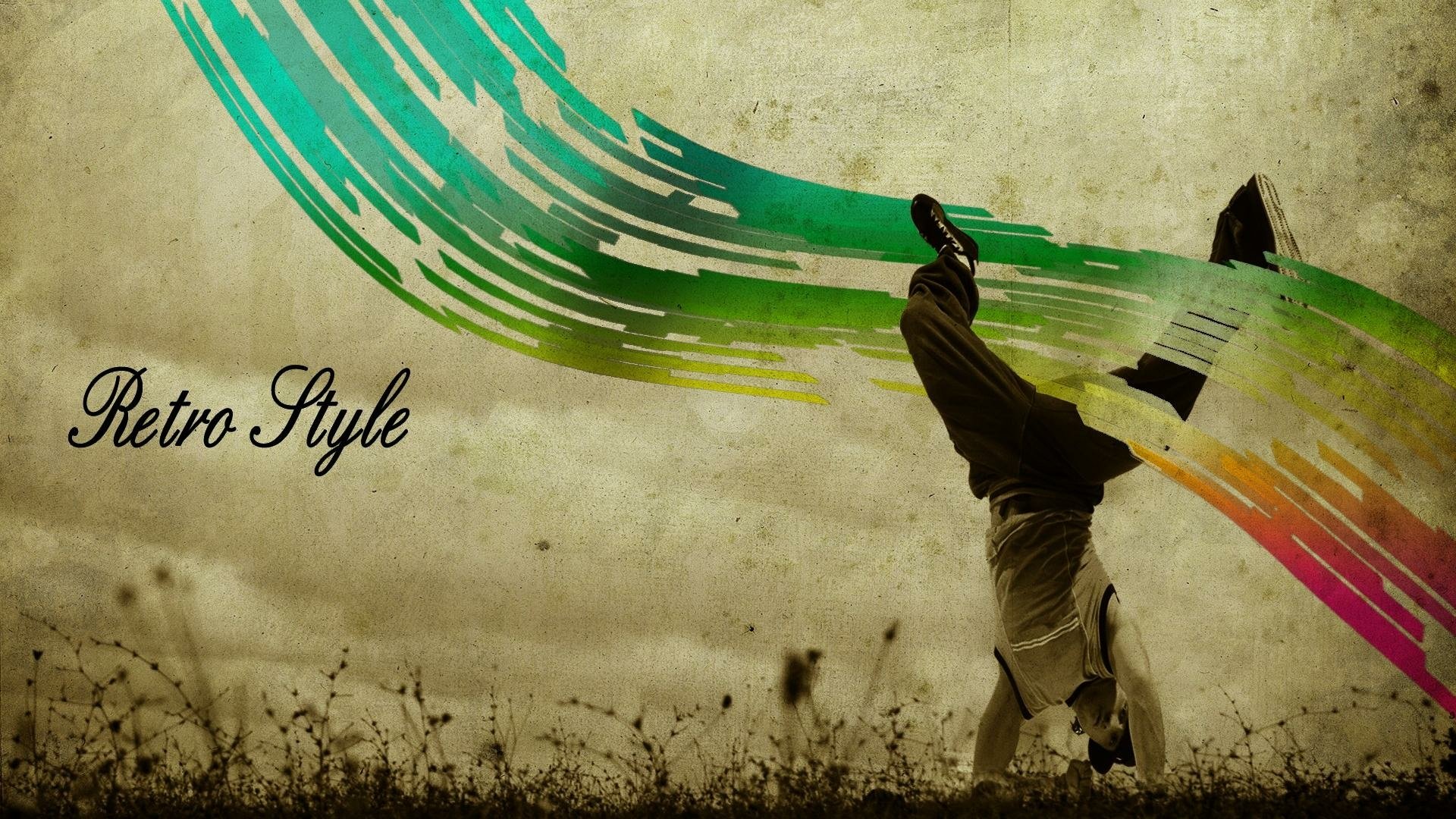 Retro-style HD PC desktop wallpaper: dancer doing a handstand amid colorful musical swirls and piano-key streaks across a grungy background, evoking music and dance.