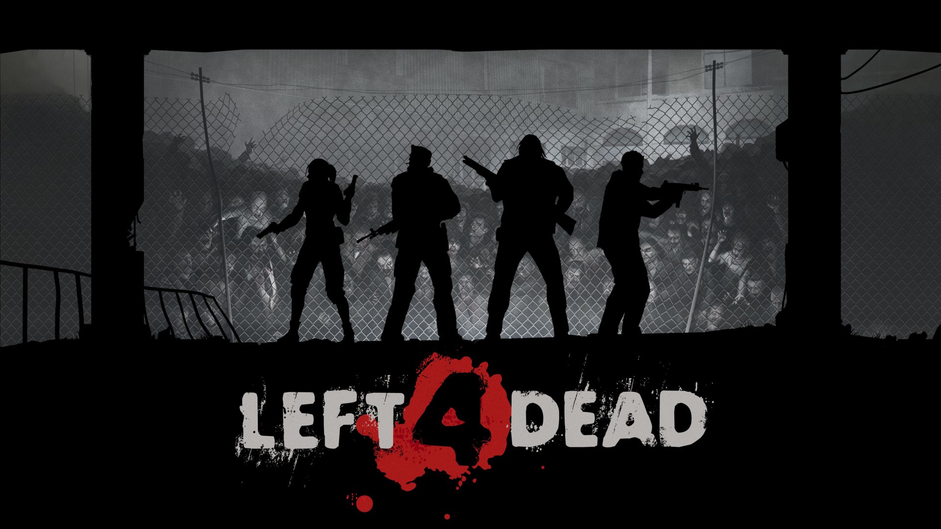 Silhouettes of four characters stand ready with weapons against a backdrop of a zombie horde, featuring the emblematic logo of the video game Left 4 Dead in an HD desktop wallpaper design.