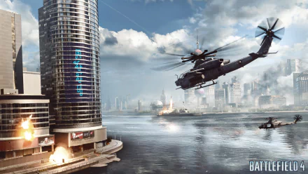 HD PC desktop wallpaper from the video game Battlefield 4 depicting a military helicopter flying over a waterfront city under attack.