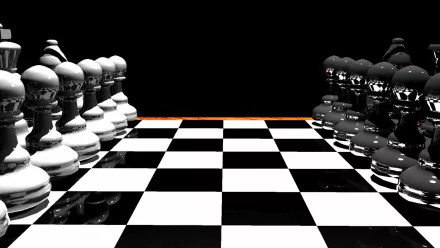 HD PC desktop wallpaper featuring a glossy black and white man-made chessboard with detailed chess pieces set against a stark black background.
