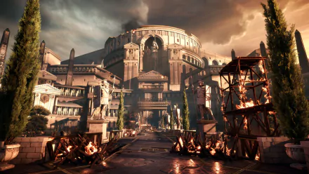 HD PC desktop wallpaper from the video game Ryse: Son of Rome — a dramatic Roman cityscape and massive coliseum, stormy sky, burning braziers and wooden siege scaffolding.