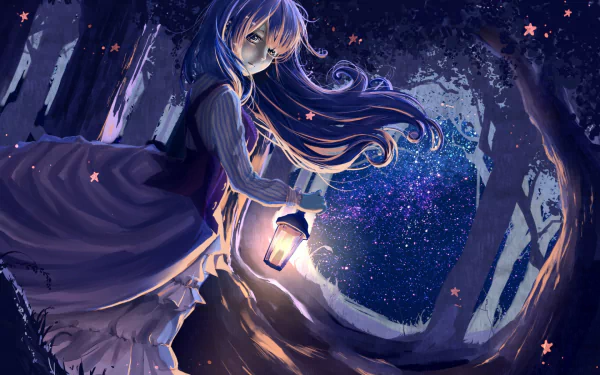 A captivating anime scene featuring a young girl in a forest at night, holding a lantern that illuminates the magical atmosphere filled with twinkling stars and a glowing night sky.