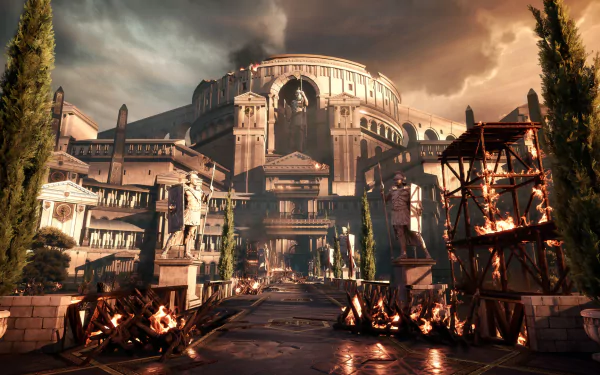 HD PC desktop wallpaper from the video game Ryse: Son of Rome — a dramatic Roman cityscape and massive coliseum, stormy sky, burning braziers and wooden siege scaffolding.