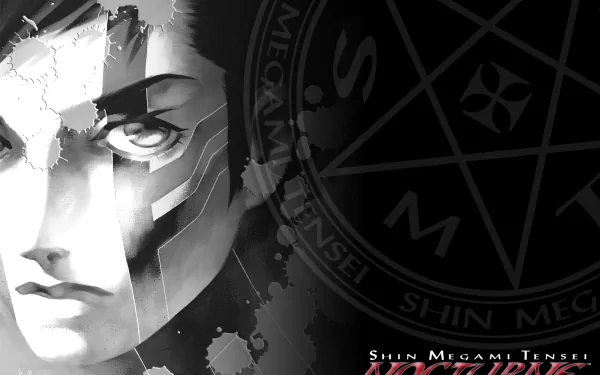 HD PC desktop wallpaper featuring a monochrome, stylized face with a mysterious, dark emblem in the background from the video game Shin Megami Tensei.